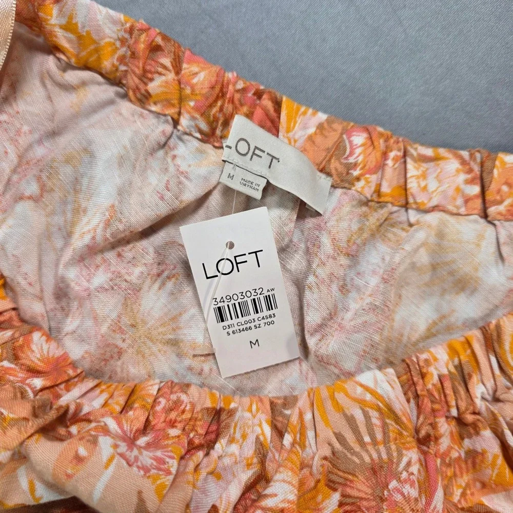 LOFT Womens Orange Tropical Floral One Shoulder Linen Blend Puff Sleeve  M NEW